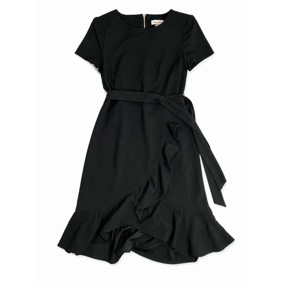 Calvin Klein Tie Waist Ruffle Hem Black Dress Women's Size 4